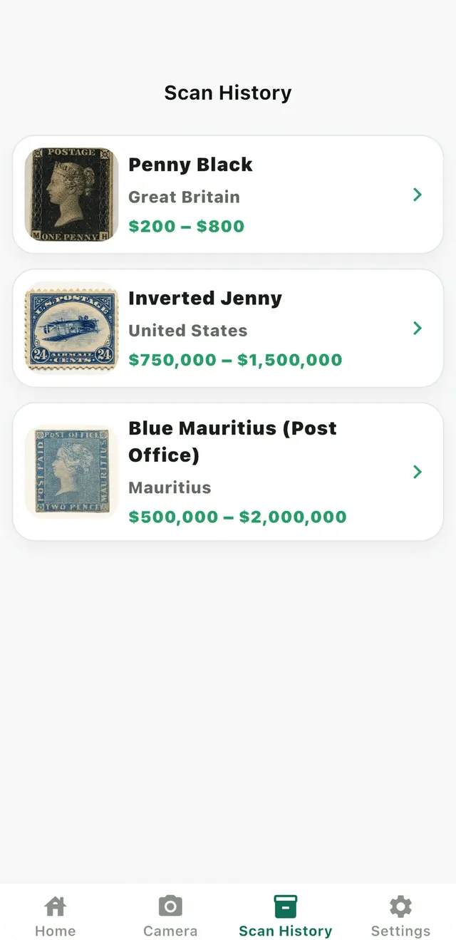Stampo scan history listing Penny Black, Inverted Jenny and Blue Mauritius with estimated value ranges