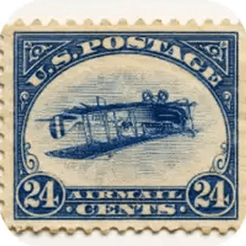 Inverted Jenny 1918 — US 24-cent airmail stamp with the Curtiss JN-4 biplane printed upside down