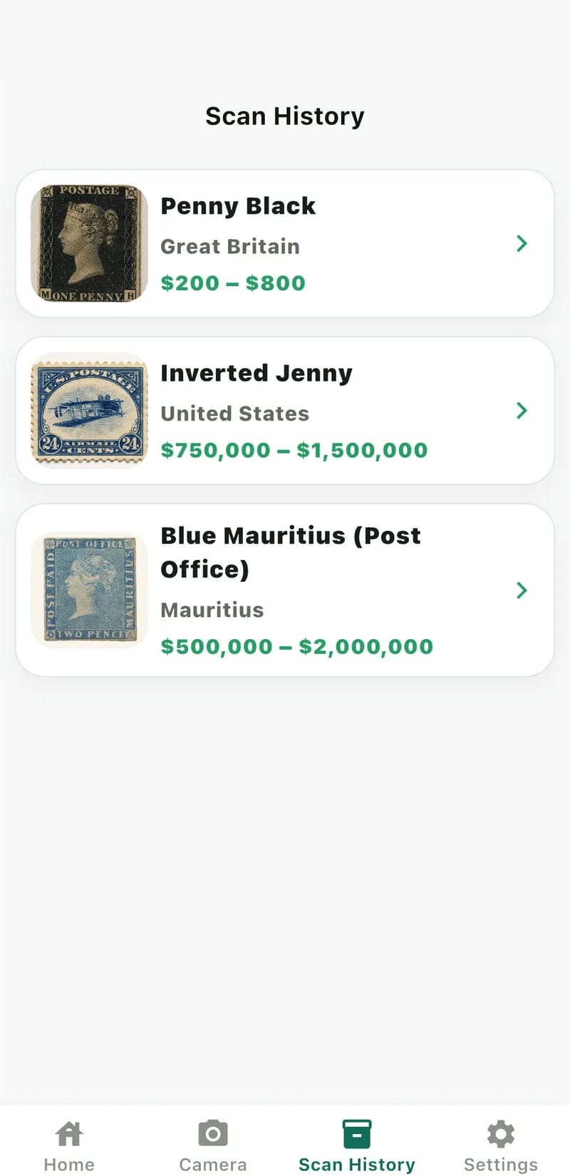 Stampo collection history screen