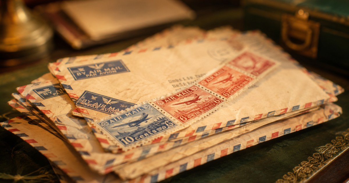 A stack of vintage airmail envelopes with red and blue striped borders, carrying 6c and 10c aeroplane stamps