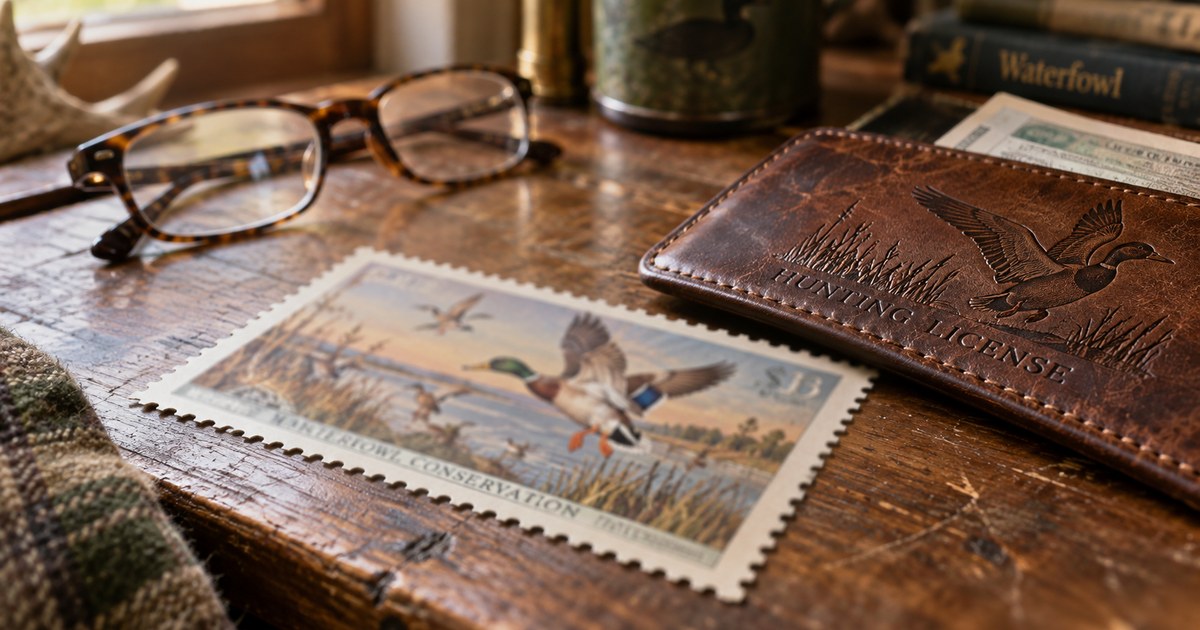 A large horizontal wildlife stamp lying face up on a worn wooden desk beside a hunting licence folder and reading glasses