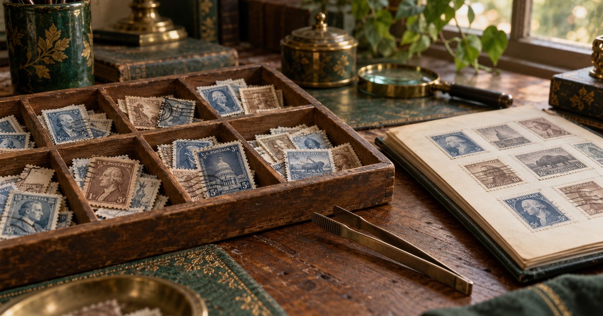 A sorting tray of small blue and brown definitive stamps beside tongs and an album page on a wooden desk