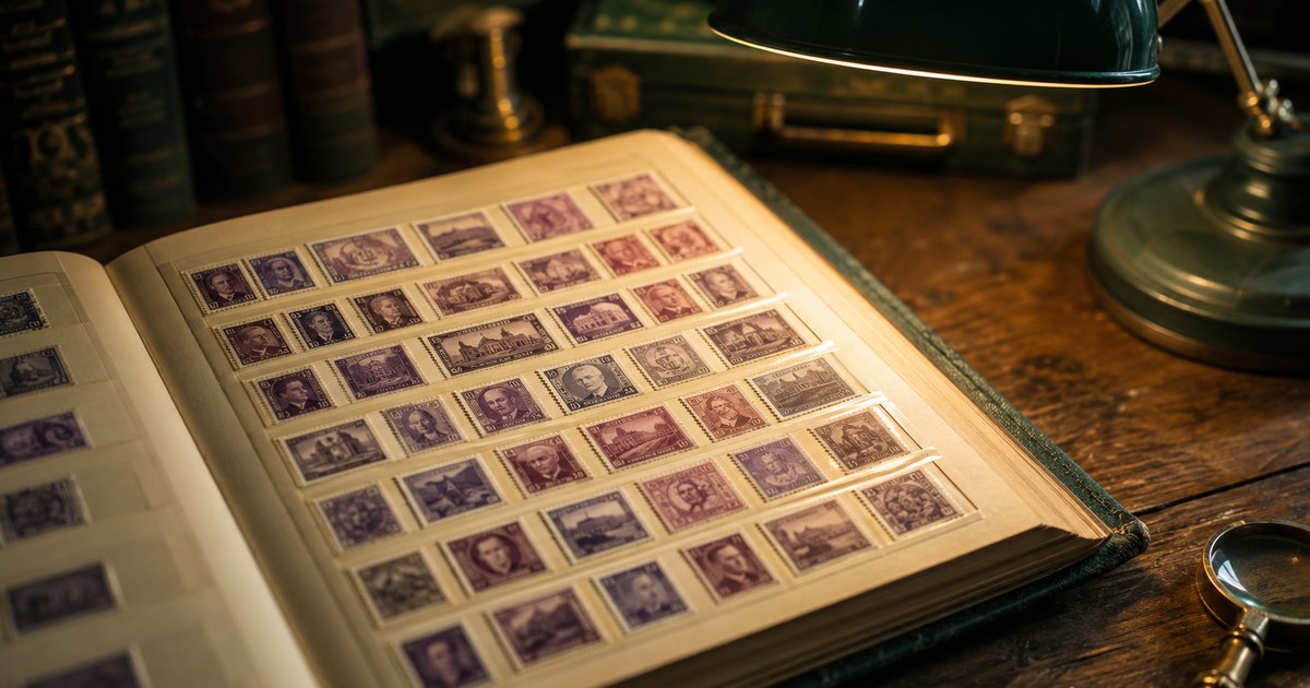 Rows of small violet mid-century US definitive stamps mounted on an album page under a desk lamp