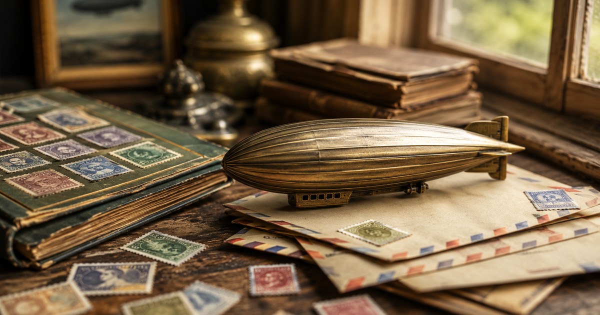 A small brass zeppelin model resting on vintage airmail envelopes beside an open stamp album, evoking the golden age of airship mail