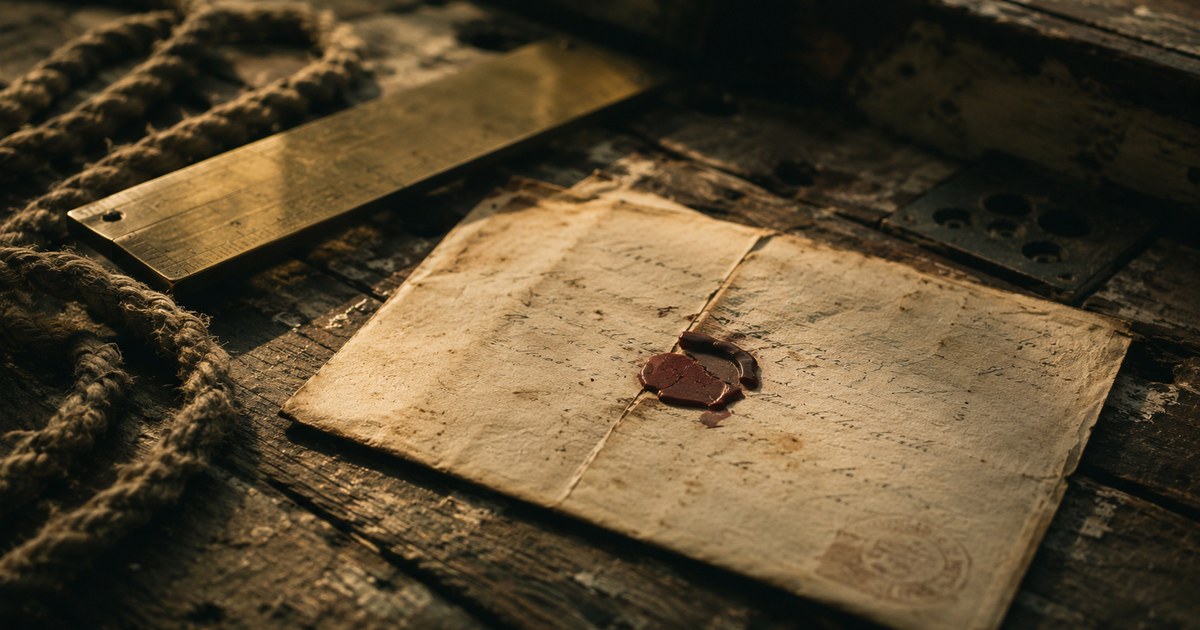 A nineteenth-century folded letter sheet with a broken red wax seal on weathered ship timber, evoking early Pacific mail