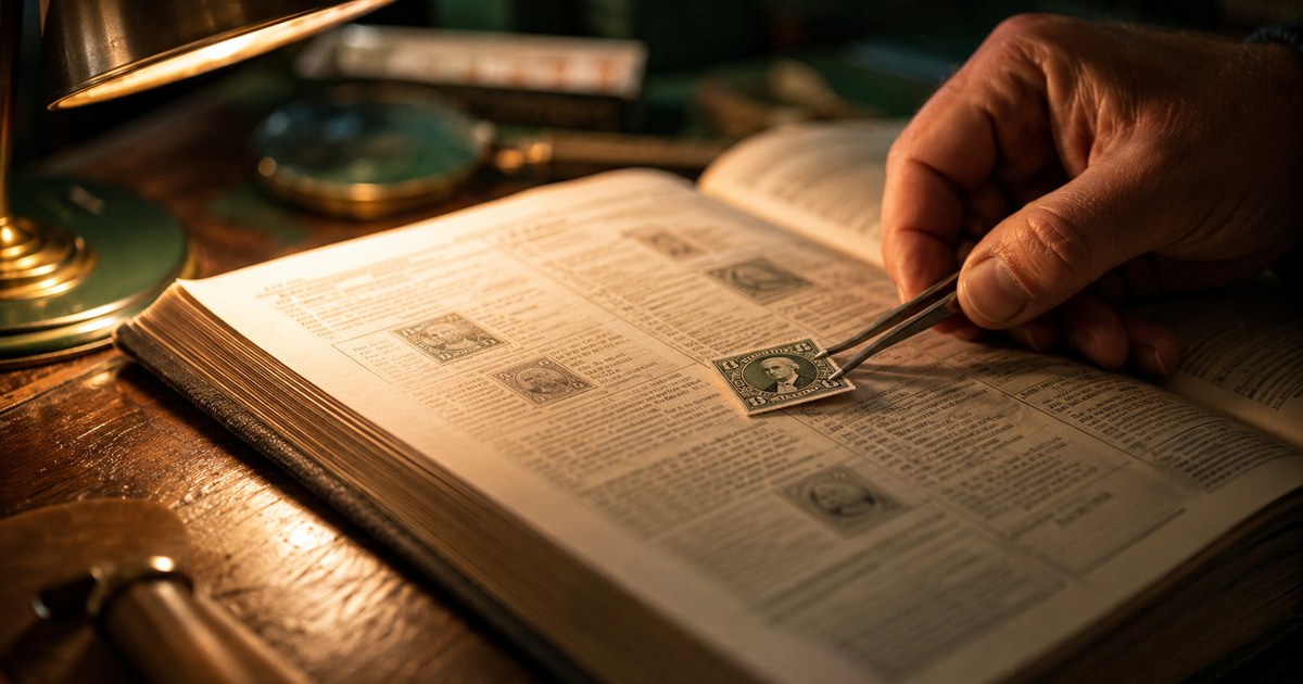 A hand using philatelic tongs to rest an engraved stamp on the open page of a thick stamp catalogue under a desk lamp