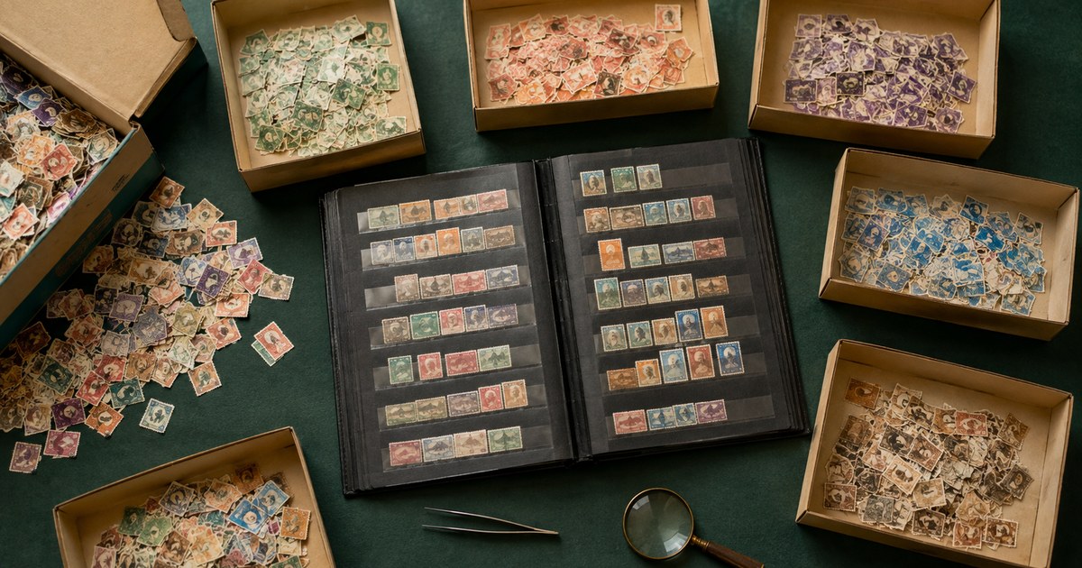 An overhead view of a sorting session: an open stockbook surrounded by cardboard trays of stamps sorted by colour, with an unsorted shoebox alongside