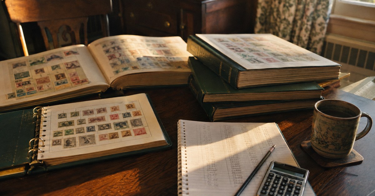 An open album on a dining table beside a notepad, calculator and stack of loose album pages part-way through a sorting session