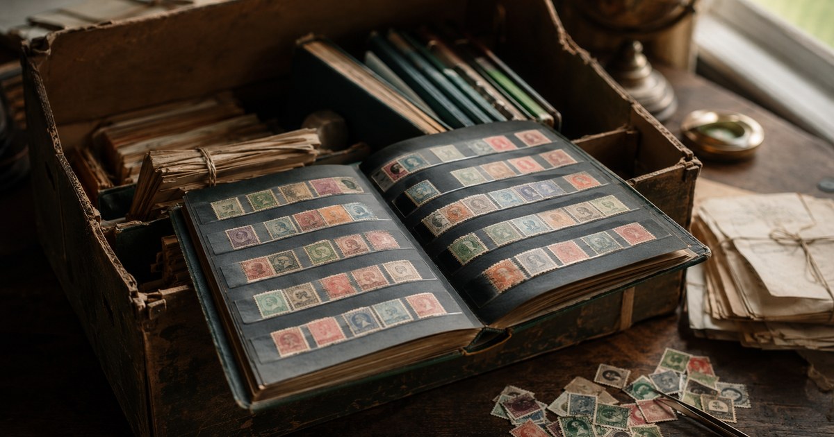 A cardboard box of old stamp albums and bundled envelopes on a kitchen table, waiting to be sorted