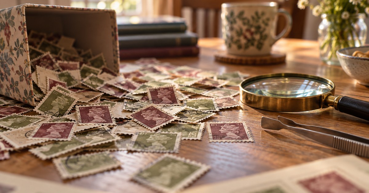 A shoebox of loose British definitive stamps tipped onto a kitchen table beside a magnifier and a pair of tongs