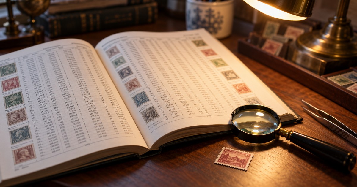 An open stamp catalogue with columns of small numbers beside a magnifier and a single stamp on a wooden desk