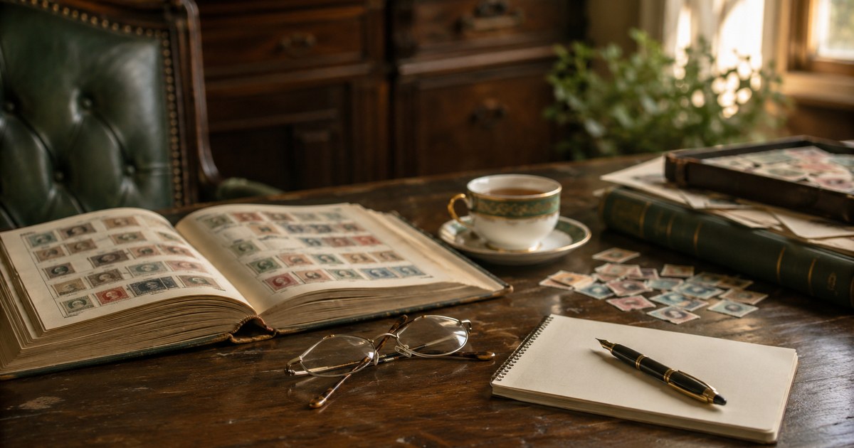 A stamp album open on a desk beside a notepad, fountain pen and reading glasses, ready for a careful valuation session