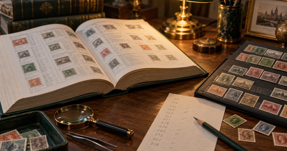 A thick stamp catalogue open on a desk beside a stockbook and a pencilled list of numbers, lit by a lamp