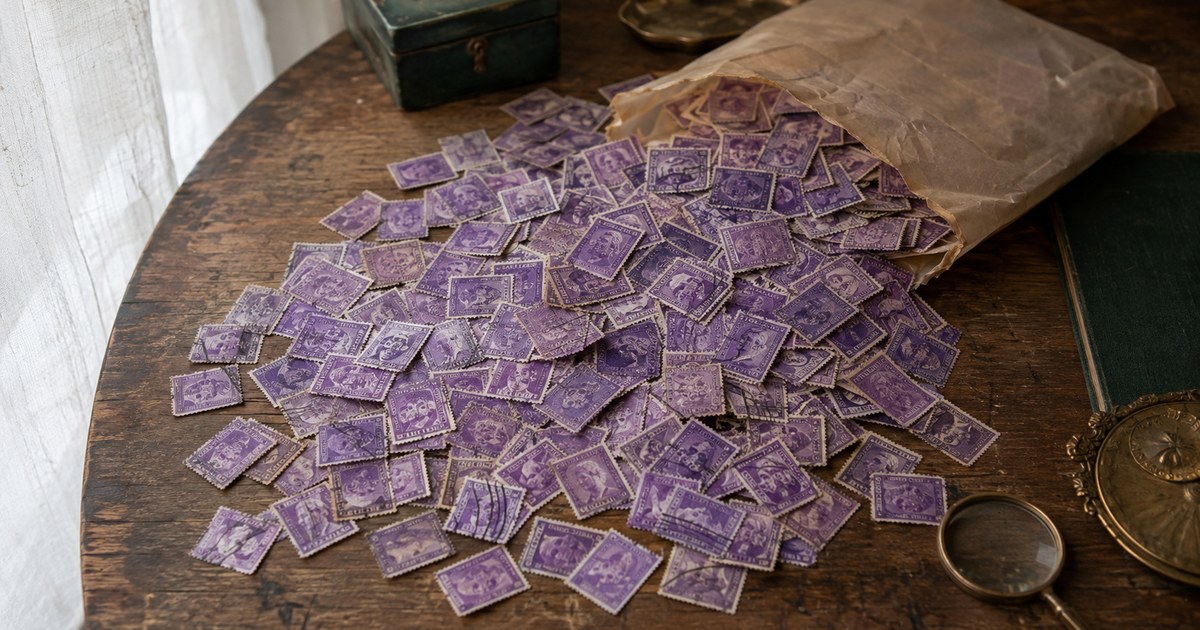 Several hundred ordinary purple used stamps spilling from a glassine bag across an old oak table