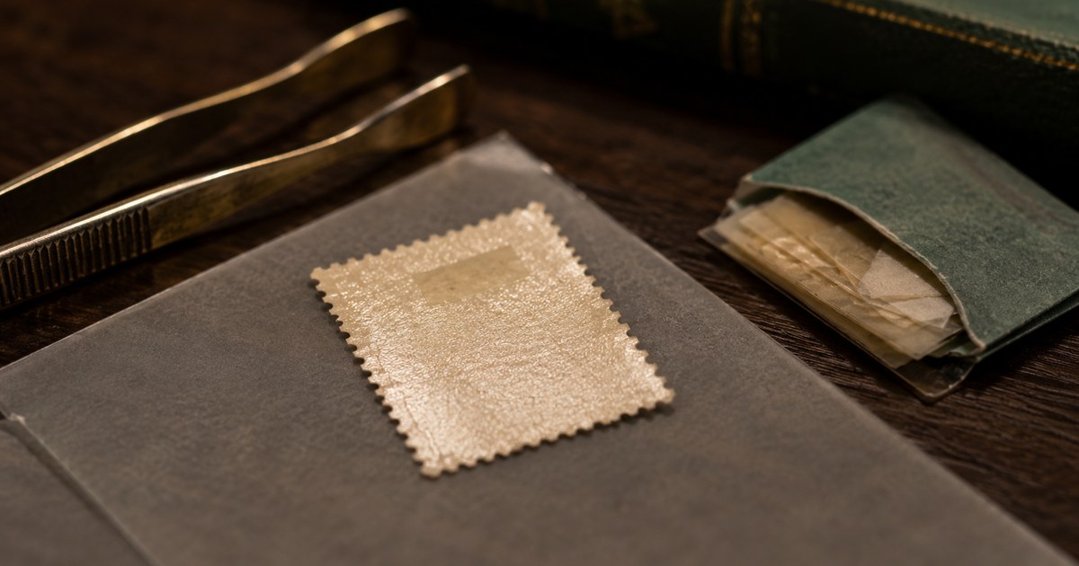 The reverse of an unused stamp lying gum side up on glassine, a faint hinge remnant visible, beside tongs and a packet of stamp hinges