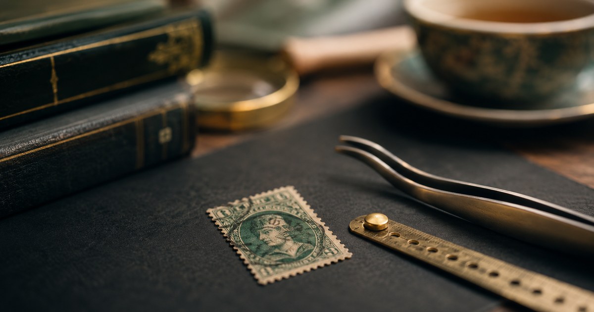 A single engraved green stamp on black card beside philatelic tongs and a brass perforation gauge, with reference books behind