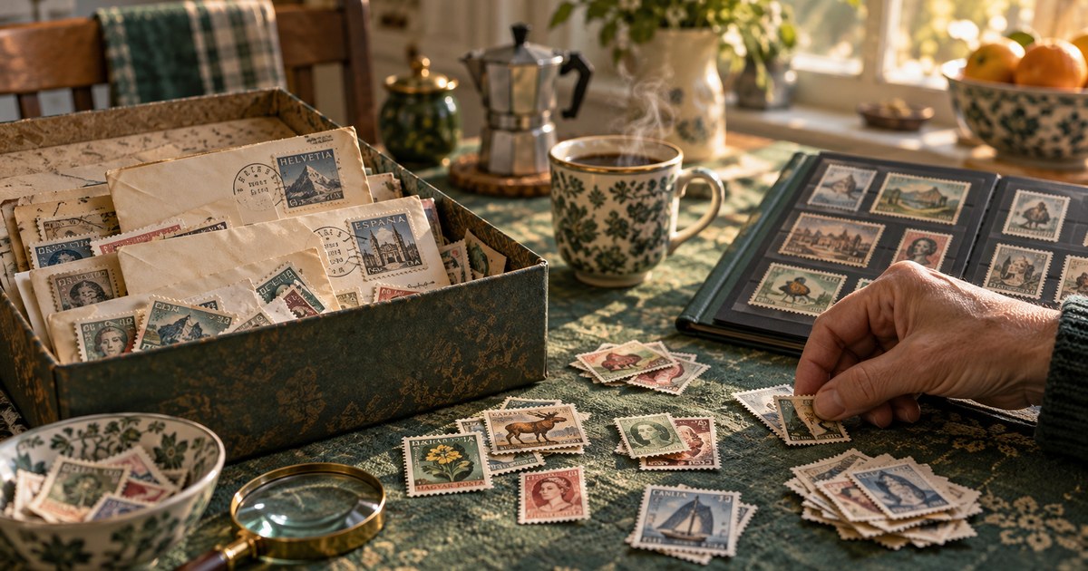 A shoebox of loose old stamps and envelopes open on a kitchen table beside a cup of coffee, someone deciding what to do with them