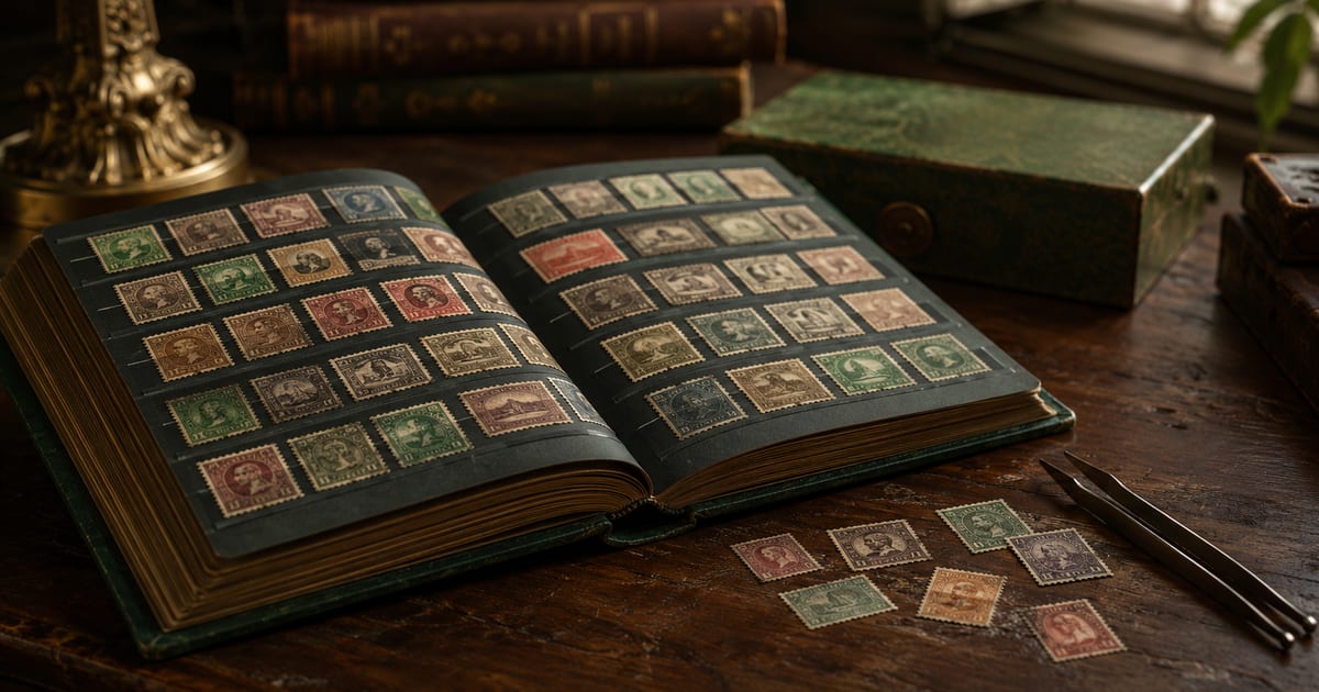 An open vintage stamp album full of ordinary antique postage stamps on a wooden desk — the reality of most collections
