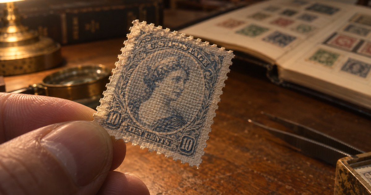 A nineteenth century American stamp tilted under a desk lamp so raking light catches a faint waffle texture in the paper